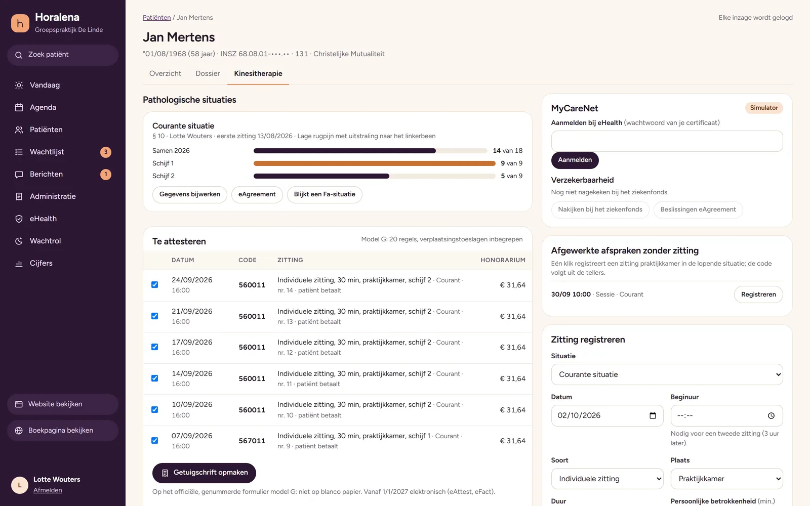 L'onglet kinésithérapie d'un patient : les compteurs d'une situation courante (14 sur 18, première tranche de 9 complète, deuxième à 5 sur 9) et une liste de séances avec code et honoraire, prêtes pour l'attestation. Écran en néerlandais.