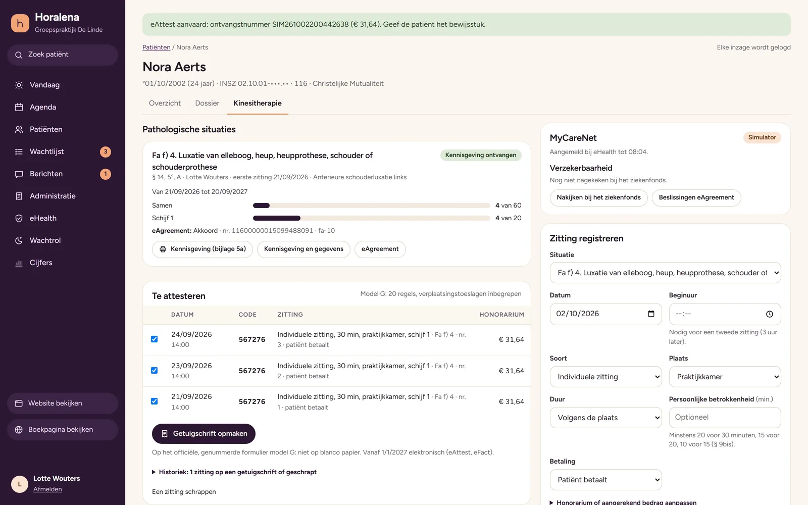 Une situation Fa avec un accord via eAgreement et le message qu'un eAttest a été accepté, avec numéro de réception, dans le simulateur MyCareNet. Écran en néerlandais.